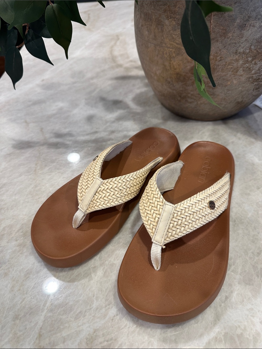Cobian Women's Woven Strap Sandals in Brown and Cream